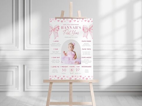 First Birthday Milestone Board for Girl, Pink Bow First Year Poster with Photo, Personalized Baby Milestone Sign, Elegant One Year Old Birthday Decor, Custom Birthday Stats Board (Multi 9) in Saudi Arabia