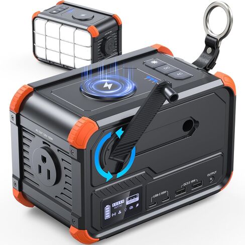 BROWEY Portable Power Station 153Wh Camping Small Solar Generator with Hand Crank 120V 150W AC Outlet Lithium Battery Power Bank, Wireless Charging Emergency Charger for Outdoor Travel Home Backup in Saudi Arabia