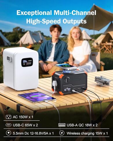 BROWEY Portable Power Station 153Wh Camping Small Solar Generator with Hand Crank 120V 150W AC Outlet Lithium Battery Power Bank, Wireless Charging Emergency Charger for Outdoor Travel Home Backup in Saudi Arabia