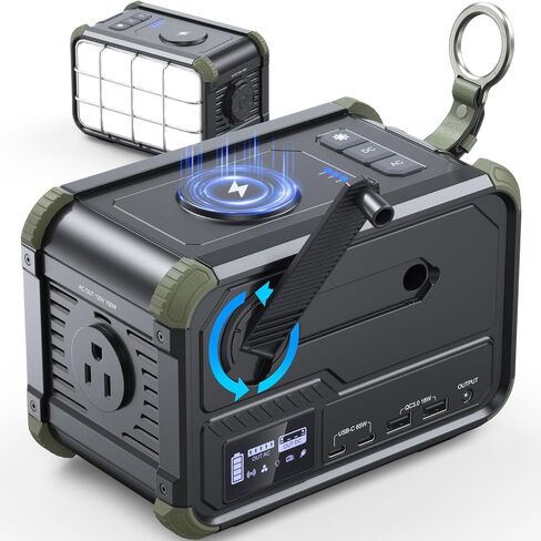 BROWEY Portable Power Station 153Wh Camping Small Solar Generator with Hand Crank 120V 150W AC Outlet Lithium Battery Power Bank, Wireless Charging Emergency Charger for Outdoor Travel Home Backup in Saudi Arabia