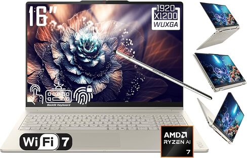 Lenovo Yoga 7 2-in-1 Laptop, 16" 2K LCD Touchscreen, AMD 8-Core Ryzen AI 7 350(>Intel i7-1355U), AI Copilot, 16GB LPDDR5X, 1TB SSD, WiFi 7, Backlit KB, Fingerprint, FHD Webcam, W/Stylus, Win 11 Home in Saudi Arabia
