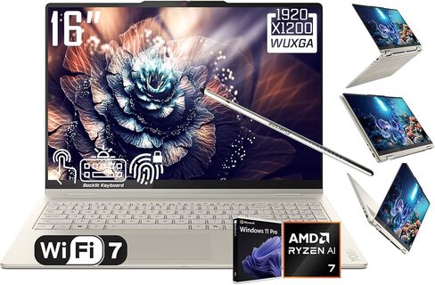 لاب توب لينوفو يوجا 7 2 في 1، شاشة لمس LCD 16 بوصة 2K، معالج AMD 8-Core Ryzen AI 7 350(>Intel i7-1355U)، مساعد AI، 16 جيجابايت LPDDR5X، 1 تيرابايت SSD، WiFi 7، لوحة مفاتيح بإضاءة خلفية، بصمة الإصبع، كاميرا ويب FHD، W/Stylus، Win 11 Home in Kuwait