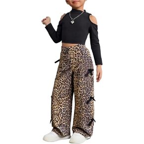SOLY HUX Toddler Girl's Leopard Bow Pants Y2k Cheetah Print High Waisted Wide Leg Baggy Pants Trousers in Kuwait