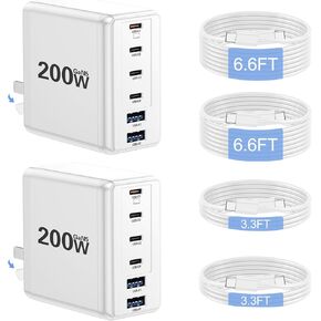 شاحن USB C بقوة 200 واط مع 4 كابلات USB، شاحن حائط بـ 6 منافذ، شاحن سريع للكمبيوتر المحمول من النوع C لأجهزة MacBook Pro وDell XPS وiPhone 17 وiPad والكمبيوتر اللوحي وChromebook باللون الأسود in Kuwait
