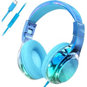 سماعات رأس QearFun USB C للأطفال سلكية مع ميكروفون، حد صوت آمن 85/94 ديسيبل، قابلة للطي فوق الأذن، سلك غير متشابك ومنفذ مشاركة، سماعة رأس سلكية على الأذن للمدرسة، Chromebook، الكمبيوتر اللوحي، السفر للأولاد والبنات in Kuwait