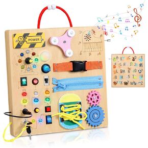 ألعاب MoKo Busy Board Montessori لعمر 3 سنوات فما فوق، لوحة ألعاب حسية خشبية مع مفتاح إضاءة LED، أقفال، سحابات، صناديق الموسيقى، لعبة تعليمية تعليمية للأطفال الصغار الأولاد والبنات in Kuwait
