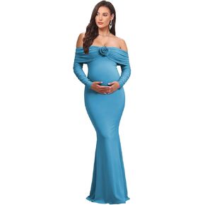 Off Shoulder Long Sleeves Maternity Dress Ruched Satin Dresses for Photoshoot Photography Baby Shower DD11 in Saudi Arabia