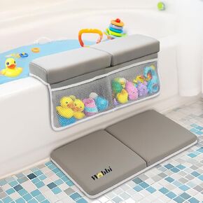 Baby Bath Kneeler and Elbow Rest Pad Set | 1.5" Thick Painless Memory Foam Knee Pad for Bathing Babies | 6 Suction Cups Non Slip Bathtub Kneeling pad with Toy Storage | Foldable & Quick Drying-Grey in Saudi Arabia