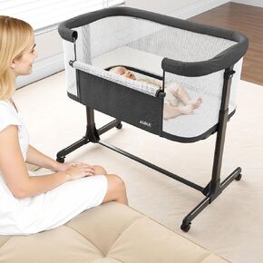 AMKE Baby Bassinet Bedside Sleeper with Adjustable Height & Breathable Mesh, Portable Bassinet with Wheels, Easy Fold Design - Newborn Crib with Drop Down Side for Infants up to 20 Lbs (Dark Grey) in Kuwait