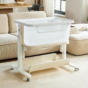 Electric Baby Bassinet, All-Mesh Bedside Sleeper with 3-Speed Auto Rocking, 8 Soothing Sounds, Remote Control, 5-Height Adjustable Baby Crib with Wheels & Storage for Newborn 0-6 Months, Beige in Kuwait