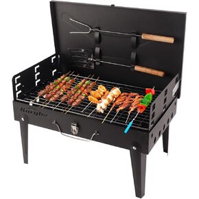 Portable Grill with Lid & Adjustable Vents - Foldable Charcoal BBQ for Camping & Picnics | Complete 4-Piece Dining Set Included for Ultimate Outdoor Cooking in Saudi Arabia