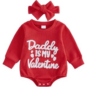 ملابس عيد الحب للفتيات الصغيرات Daddy Is My Valentine Waffle بأكمام طويلة وبذلة رومبير فقاعية لطيفة ملابس الخريف والربيع in Kuwait