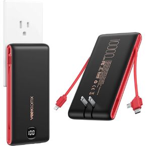 VEEKTOMX Portable Charger with Built-in Cables and AC Wall Plug, 10000mAh | Pocket-Size Travel Power Bank with USB-C and Micro-USB Cables for up to 4 Devices Including iPhone, iPad, Samsung and Kindle in Kuwait