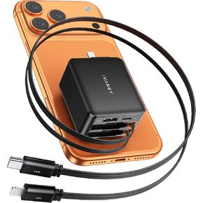 iVANKY 65W Retractable Wall Charger for MacBook, 5-in-1 USB C+Lightning GaN Charger Block with Cables, 33.5 inches, PD PPS Fast Charging, 5-Port Power Adapter for Laptop/iPhone 17/16/15/14 Pro Max in Kuwait