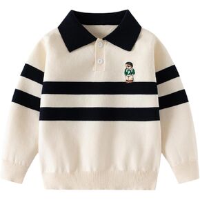Meufam Boys/Girls Striped Knit Polo Collar Sweater Comfy Long Sleeve Button Baby Pullover Toddler Embroidery Sweatshirt in Kuwait