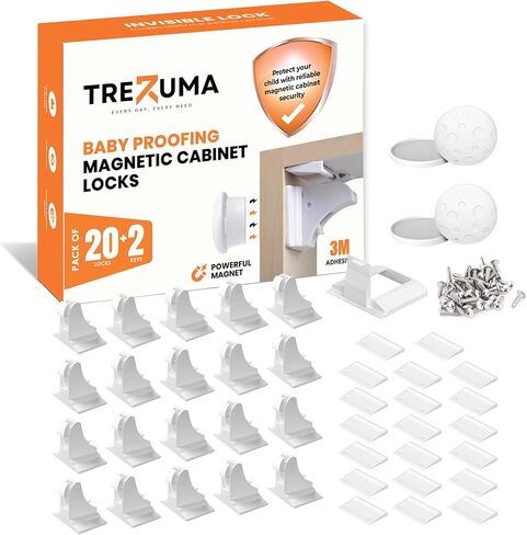 Magnetic Cabinet Locks Baby Proofing (20 Locks + 2 Keys) – Child Proof Cabinet Locks with Easy Adhesive Installation – Child Safety Locks for Kitchen, Cabinets & Drawers with Optional Screws in Saudi Arabia