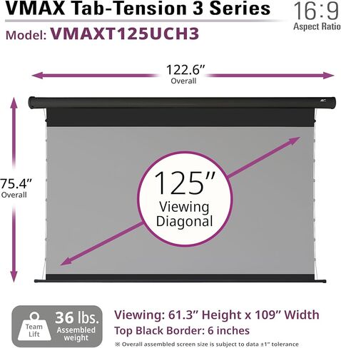 شاشات Elite VMAX Tab-Tension 3 Series، شاشة عرض مزودة بمحرك 125 بوصة، 16:9 CineGrey منسدل كهربائي عالي التباين، 4K/8K HDR، جهاز تحكم عن بعد IR/RF، VMAXT125UCH3 in Kuwait