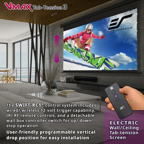 شاشات Elite VMAX Tab-Tension 3 Series، شاشة عرض مزودة بمحرك 125 بوصة، 16:9 CineGrey منسدل كهربائي عالي التباين، 4K/8K HDR، جهاز تحكم عن بعد IR/RF، VMAXT125UCH3 in Kuwait