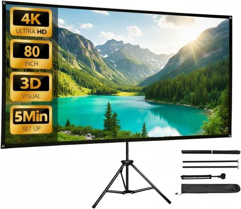 شاشة عرض 80 بوصة مع حامل، شاشة عرض محمولة 4K HD PVC، شاشة عرض ثلاثية القوائم مع حقيبة حمل للأفلام الداخلية والخارجية، خالية من التجاعيد، 16:9 in Saudi Arabia