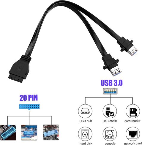 اللوحة الأم للكمبيوتر الشخصي 20 دبوس إلى 2 قطعة مثبتة على اللوحة الأمامية USB 3.0 Type-A (مع فتحات برغي التثبيت) كابل تمديد مسطح أنثى 12.5 بوصة/32 سم in Kuwait