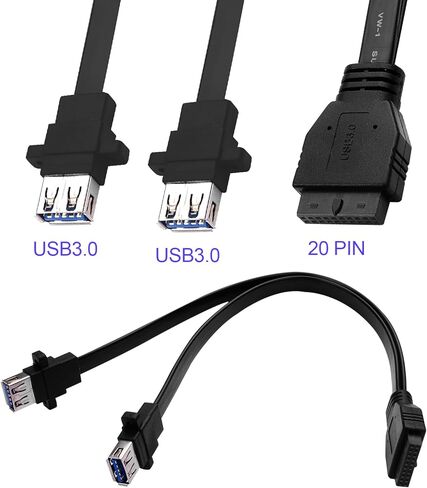 اللوحة الأم للكمبيوتر الشخصي 20 دبوس إلى 2 قطعة مثبتة على اللوحة الأمامية USB 3.0 Type-A (مع فتحات برغي التثبيت) كابل تمديد مسطح أنثى 12.5 بوصة/32 سم in Kuwait