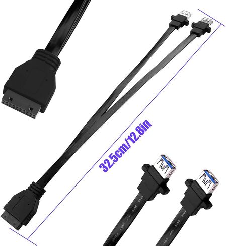 اللوحة الأم للكمبيوتر الشخصي 20 دبوس إلى 2 قطعة مثبتة على اللوحة الأمامية USB 3.0 Type-A (مع فتحات برغي التثبيت) كابل تمديد مسطح أنثى 12.5 بوصة/32 سم in Kuwait