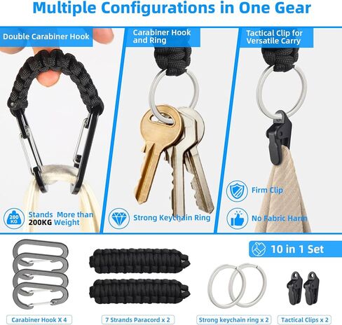 Paracord Keychain Carabiner Set with Tactical Clips, D-Ring Lanyard Hook, Multi-Function EDC Gear for Backpacks, Water Bottles, Hiking, Camping, Outdoor & Everyday Carry in Kuwait