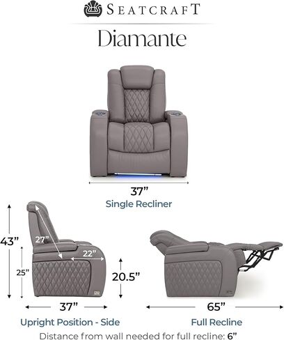 Seatcraft Diamante Zero-Gravity CoolZero Italian Leather Home Theater Seating, Power Headrest, Power Recline, Single Recliner, Gray in Saudi Arabia