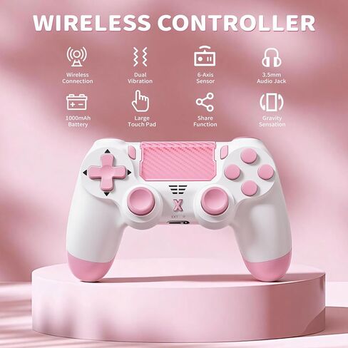 وحدة تحكم Quevati اللاسلكية لجهاز PS-4، عصا تحكم لعبة اهتزاز مزدوجة/استشعار الحركة/لوحة اللمس/مكبر صوت/سماعة رأس مقبس صوت 3.5 مم، مستشعر ستة محاور مطور، متوافق مع وحدة تحكم PS4/Slim/Pro/الكمبيوتر الشخصي، وردي in Kuwait