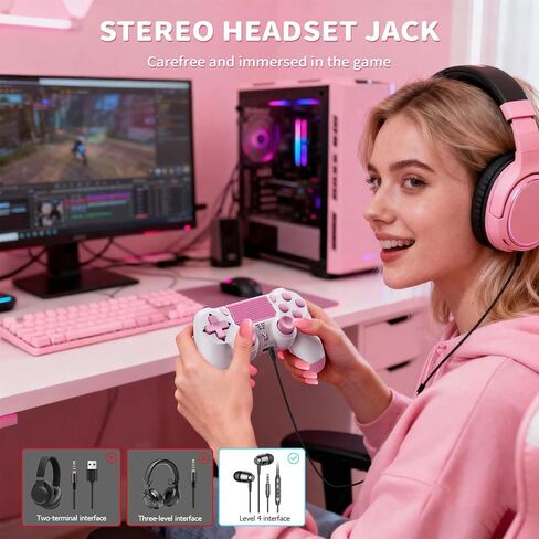 وحدة تحكم Quevati اللاسلكية لجهاز PS-4، عصا تحكم لعبة اهتزاز مزدوجة/استشعار الحركة/لوحة اللمس/مكبر صوت/سماعة رأس مقبس صوت 3.5 مم، مستشعر ستة محاور مطور، متوافق مع وحدة تحكم PS4/Slim/Pro/الكمبيوتر الشخصي، وردي in Kuwait