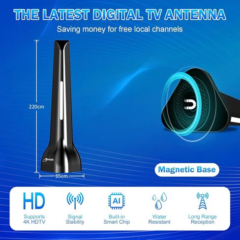 هوائي تلفزيون للتلفزيون الذكي الداخلي، هوائي HDTV رقمي طويل المدى للقنوات المحلية بدقة 4K 1080p - استقبال 360 درجة مع قاعدة مغناطيسية قوية، إعداد سهل للقنوات المجانية عبر الهواء، بدون كابل in Saudi Arabia