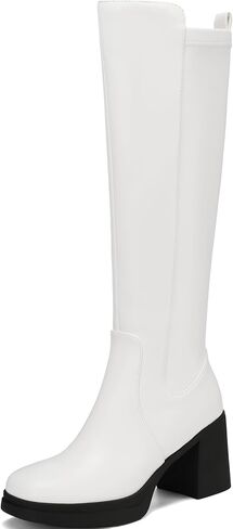Knee High Boots Women Platform Chunky Heel Square Toe Tall Boot for Women High Heeled Side Zipper Long Boots in Kuwait