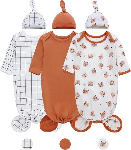 LAT Newborn Knotted Gown for Boy Girls,Baby Tie Gown Nightgown,Baby Sleeper with Matching Hat Set 3 Pack,Sleepwear Outfits in Kuwait