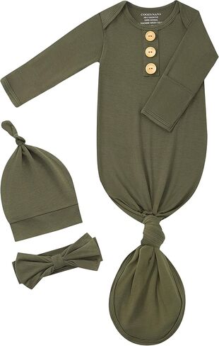 Newborn Knotted Gown Set, Soft Breathable Baby Sleep Gown with Hat & Headband for Boys Girls in Saudi Arabia