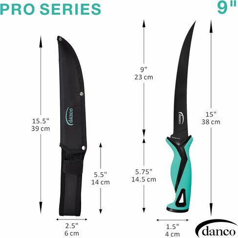 سكين فيليه من سلسلة Danco Pro مقاس 9 بوصات | شفرات كاملة من الفولاذ المقاوم للصدأ G4116 الألمانية مع طلاء تيفلون، غمد من النايلون المصبوب، مثالية لصيد الأسماك في المياه المالحة in Kuwait