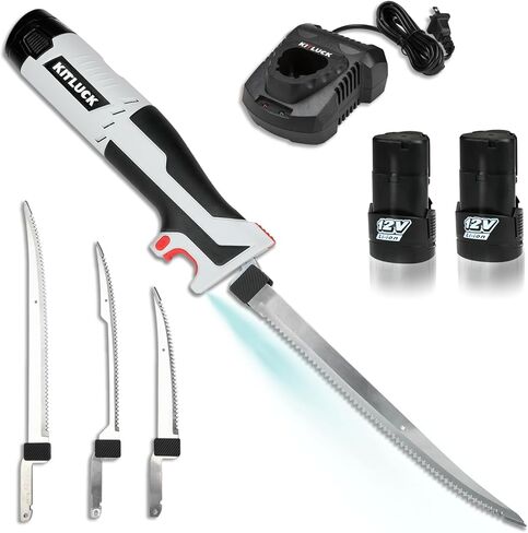 سكين فيليه كهربائي لاسلكي من KITLUCK - سكين صيد لاسلكي 12 فولت مع شفرات صلبة مقاس 6 بوصات و8 بوصات و10 بوصات، وحزمتان من البطاريات القابلة لإعادة الشحن، وشاحن واحد، وشرائح سمك كهربائية لصيد الأسماك، وتصفية in Kuwait