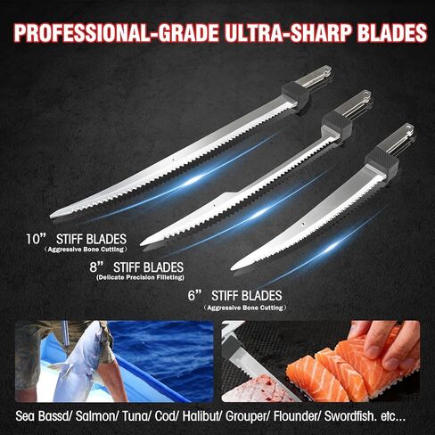 سكين فيليه كهربائي لاسلكي من KITLUCK - سكين صيد لاسلكي 12 فولت مع شفرات صلبة مقاس 6 بوصات و8 بوصات و10 بوصات، وحزمتان من البطاريات القابلة لإعادة الشحن، وشاحن واحد، وشرائح سمك كهربائية لصيد الأسماك، وتصفية in Kuwait
