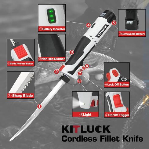 سكين فيليه كهربائي لاسلكي من KITLUCK - سكين صيد لاسلكي 12 فولت مع شفرات صلبة مقاس 6 بوصات و8 بوصات و10 بوصات، وحزمتان من البطاريات القابلة لإعادة الشحن، وشاحن واحد، وشرائح سمك كهربائية لصيد الأسماك، وتصفية in Kuwait