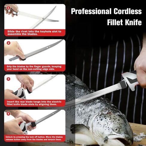 سكين فيليه كهربائي لاسلكي من KITLUCK - سكين صيد لاسلكي 12 فولت مع شفرات صلبة مقاس 6 بوصات و8 بوصات و10 بوصات، وحزمتان من البطاريات القابلة لإعادة الشحن، وشاحن واحد، وشرائح سمك كهربائية لصيد الأسماك، وتصفية in Kuwait
