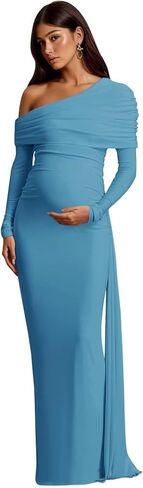 One Shoulder Mermaid Maternity Dress for Photoshoot Plus Size Satin Long Sleeve Baby Shower Dress Photography in Kuwait