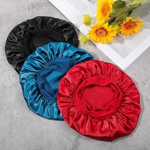 3Pcs Satin Bonnets for Baby, Kids Bonnets for Girls, Satin Silk Hair Bonnet for Sleeping, Silk Sleep Cap for Baby Girls and Boys, Soft Wide Band Sleep Cap for Curly Hair Braids for Teens Child Toddler in Saudi Arabia
