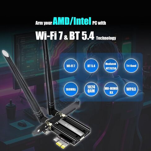 بطاقة GLOTRENDS BE6500 WiFi 7 PCIe WiFi لأجهزة الكمبيوتر المكتبية AMD/Intel مع وحدة تحكم MT7925B، بلوتوث 5.4، متوافقة مع Windows 11/Linux/macOS in Saudi Arabia