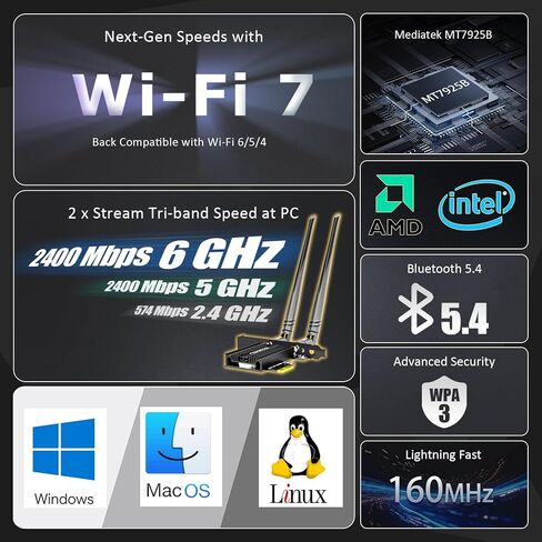 بطاقة GLOTRENDS BE6500 WiFi 7 PCIe WiFi لأجهزة الكمبيوتر المكتبية AMD/Intel مع وحدة تحكم MT7925B، بلوتوث 5.4، متوافقة مع Windows 11/Linux/macOS in Saudi Arabia