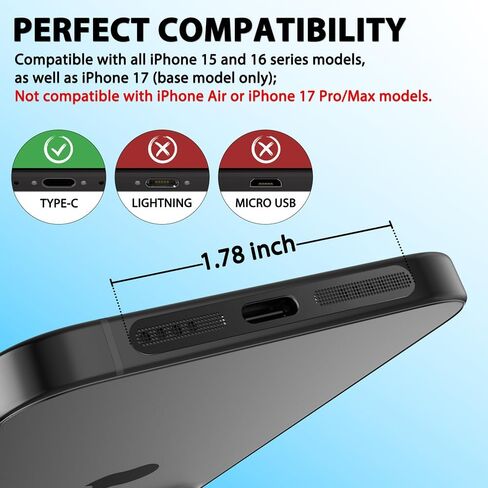 غطاء قابس غبار USB C لمنفذ الشحن، وغطاء من النوع C وأغطية مكبر الصوت، وملحقات الهاتف المتوافقة مع iPhone 15/16/Plus/Pro/Pro Max وiPhone 17 فقط (وليس 17 Pro/Max) in Saudi Arabia