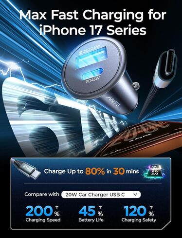 AINOPE 67.5W Car Charger USB C Fast Charge for iPhone 17 Pro, PD 45W USB C Car Charger Fast Charging【Mini & Metal】Valentines Day Gifts for Him Her Cigarette Lighter Adapter for iPhone 17 Pro Max 16 15 in Saudi Arabia
