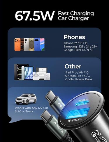 AINOPE 67.5W Car Charger USB C Fast Charge for iPhone 17 Pro, PD 45W USB C Car Charger Fast Charging【Mini & Metal】Valentines Day Gifts for Him Her Cigarette Lighter Adapter for iPhone 17 Pro Max 16 15 in Saudi Arabia