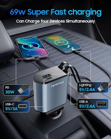 شاحن سيارة قابل للسحب لهاتف iPhone 17، 69W USB C 4 في 1 شحن سريع، ملحقات شاحنة السيارة، محول السيارة، هدية أساسية لرحلة الطريق للرجال والنساء، لهاتف iPhone 17 Pro Max Air 16 15 14 13، Galaxy، Pixel in Saudi Arabia