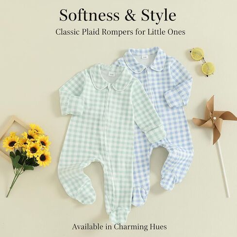 Newborn Baby Boy Clothes Zipper Footies Infant Romper Jumpsuit Fall Winter | 0 3 6 Months Infant Clothes,Long Sleeve,Plaid,One Piece,Onesie,Newborn Boy Outfit,Preemie Boys Clothes,Coming Home Outfit in Saudi Arabia