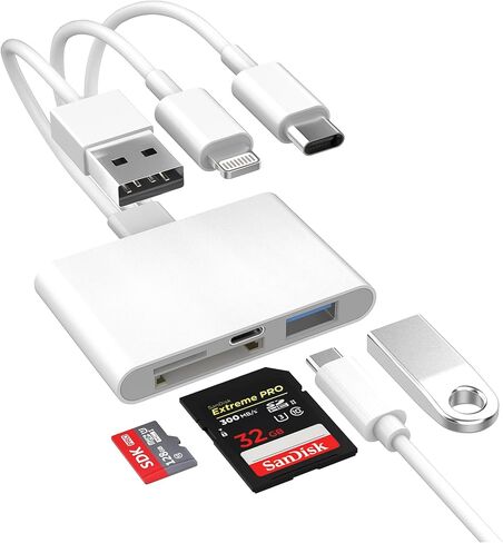 4-in-1 SD Card Reader for iPhone iPad Mac, USB-C+Lightning+USB 3.0 OTG Adapter, Fast Transfer from Camera SD/TF Card to Phone, Compatible with Flash Drive in Saudi Arabia