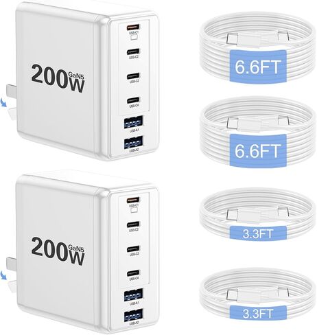 شاحن USB C بقوة 200 واط مع 4 كابلات USB، شاحن حائط بـ 6 منافذ، شاحن سريع للكمبيوتر المحمول من النوع C لأجهزة MacBook Pro وDell XPS وiPhone 17 وiPad والكمبيوتر اللوحي وChromebook باللون الأسود in Kuwait